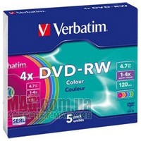 Диск DVD-RW  VERBATIM, 4,7Gb, 4x, Slim (уп. 5шт.), Color